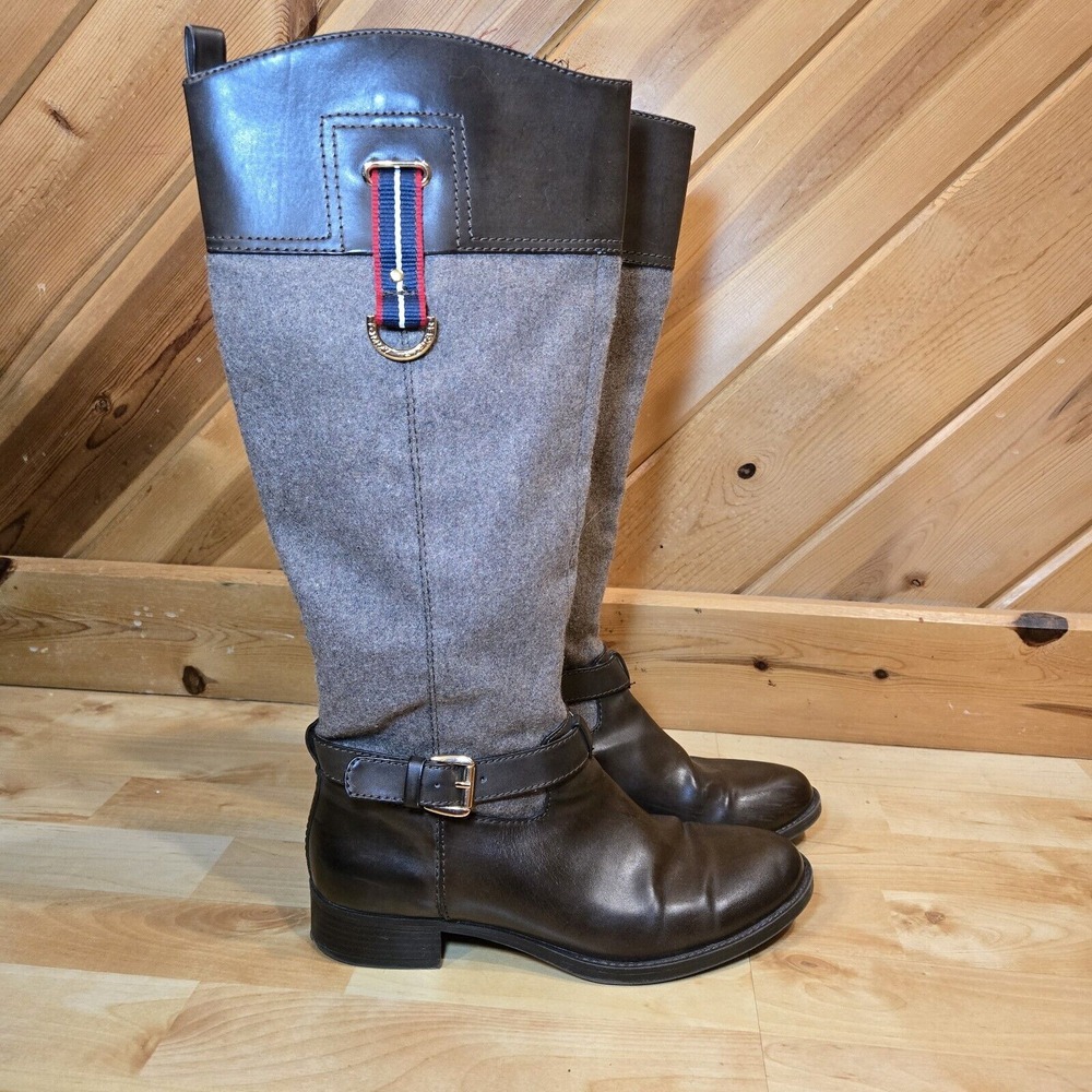 Tommy Hilfiger‎ Riding Boots 8M (EU 38) Womens Buckle Plaid Fabric Brown